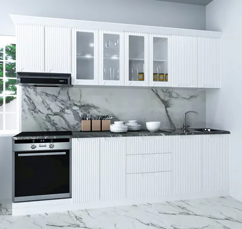 Set bucatarie SPACE 260 cm, 8 corpuri, blat termorezistent, fronturi MDF, alb rustic