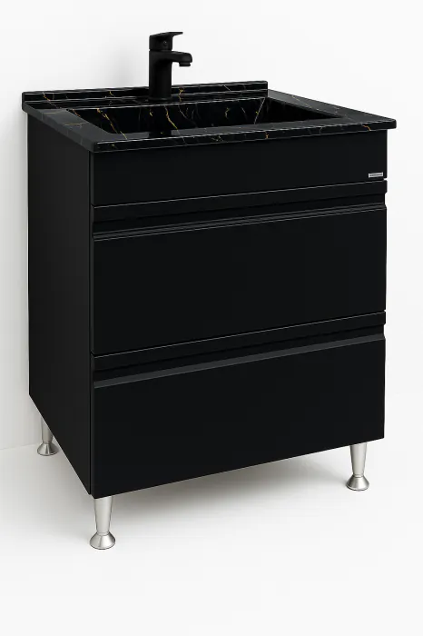 Set Baza front MDF si Lavoar granit seria 486, cu sertare, 60 cm, negru