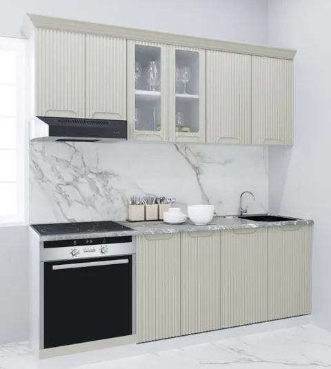 Set bucatarie SPACE 200 cm, 6 corpuri, corp cuptor, blat termorezistent, fronturi MDF, crem