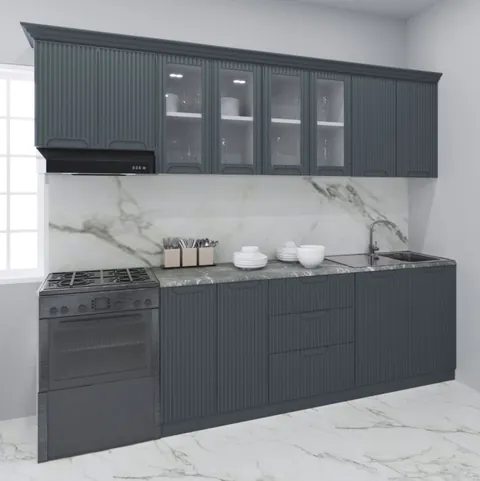 Set bucatarie SPACE 260 cm, 7 corpuri, cu sertare, blat termorezistent, fronturi MDF, antracit