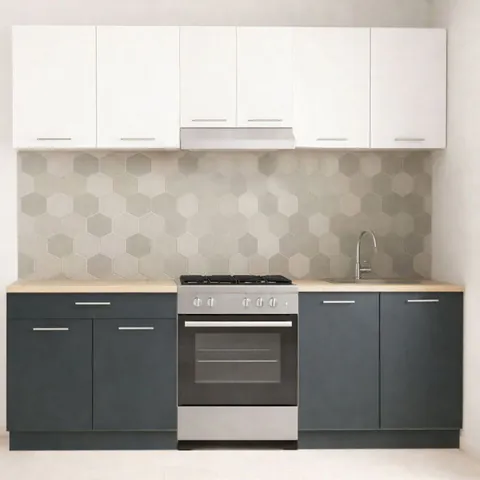 Set bucatarie GERMANIA 220 cm, 5 corpuri, 1 sertar, blat gros, antracit + alb