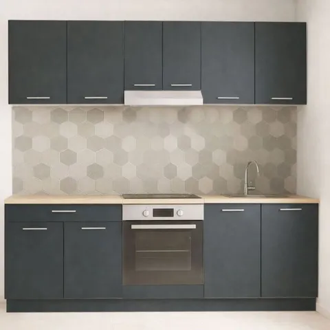 Set bucatarie GERMANIA 220 cm, 6 corpuri, corp cuptor, 1 sertar, blat gros, antracit