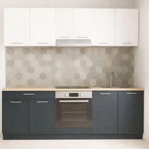 Set bucatarie GERMANIA 220 cm, 6 corpuri, corp cuptor, 1 sertar, blat gros, antracit + alb