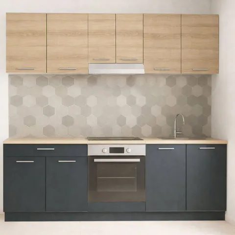 Set bucatarie GERMANIA 220 cm, 6 corpuri, corp cuptor, 1 sertar, blat gros, antracit + sonoma