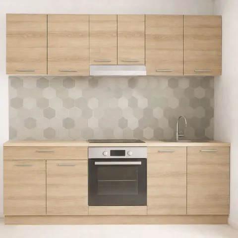 Set bucatarie GERMANIA 220 cm, 6 corpuri, corp cuptor, 1 sertar, blat gros, sonoma