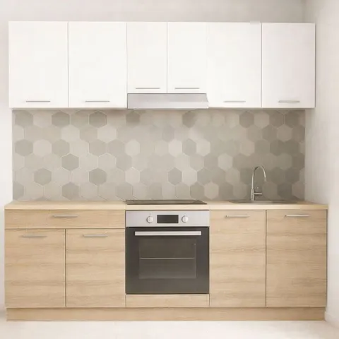 Set bucatarie GERMANIA 220 cm, 6 corpuri, corp cuptor, 1 sertar, blat gros, sonoma + alb