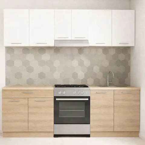 Set bucatarie GERMANIA 220 cm, 5 corpuri, 1 sertar, blat gros, sonoma + alb