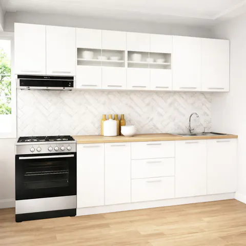 Set bucatarie GERMANIA 260 cm, 7 corpuri, 3 sertare, blat gros, alb