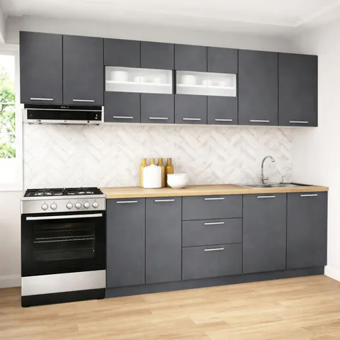 Set bucatarie GERMANIA 260 cm, 7 corpuri, 3 sertare, blat gros, antracit