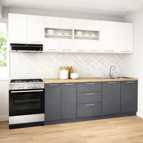 Set bucatarie GERMANIA 260 cm, 7 corpuri, 3 sertare, blat gros, antracit + alb