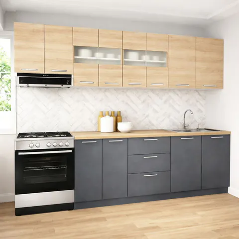 Set bucatarie GERMANIA 260 cm, 7 corpuri, 3 sertare, blat gros, antracit + sonoma