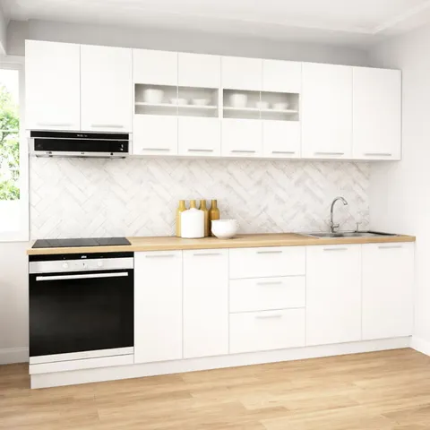 Set bucatarie GERMANIA 260 cm, 8 corpuri, corp cuptor, 3 sertare, blat gros, alb