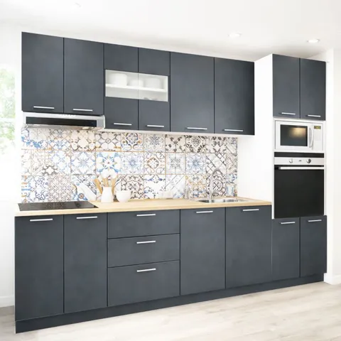 Set bucatarie GERMANIA 260 cm, 7 corpuri, corp cuptor-cuptor microunde, 3 sertare, blat gros, antracit