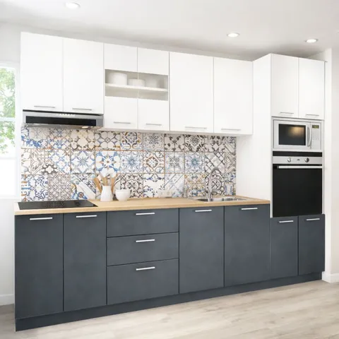 Set bucatarie GERMANIA 260 cm, 7 corpuri, corp cuptor-cuptor microunde, 3 sertare, blat gros, antracit + alb