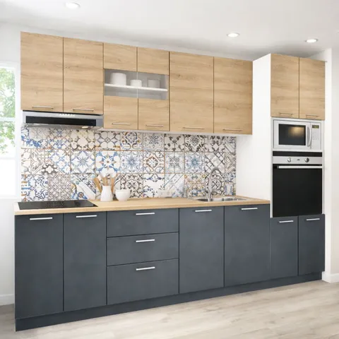 Set bucatarie GERMANIA 260 cm, 7 corpuri, corp cuptor-cuptor microunde, 3 sertare, blat gros, antracit + sonoma