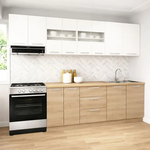 Set bucatarie GERMANIA 260 cm, 7 corpuri, 3 sertare, blat gros, sonoma + alb