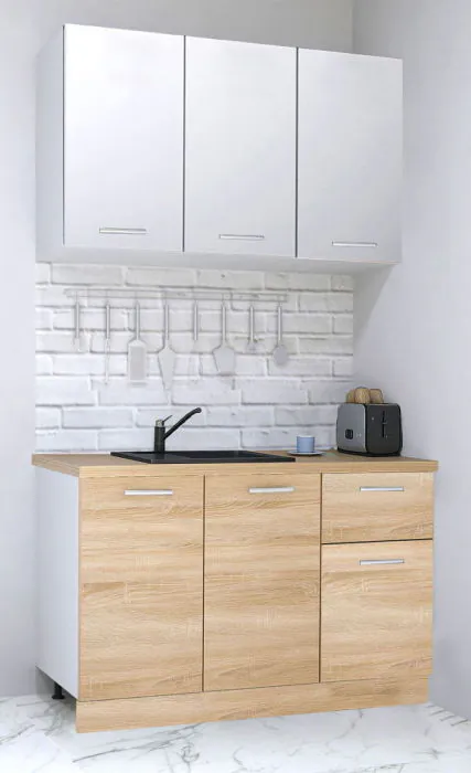 Set bucatarie GERMANIA 120 cm, 4 corpuri, 1 sertar, blat gros, sonoma + alb