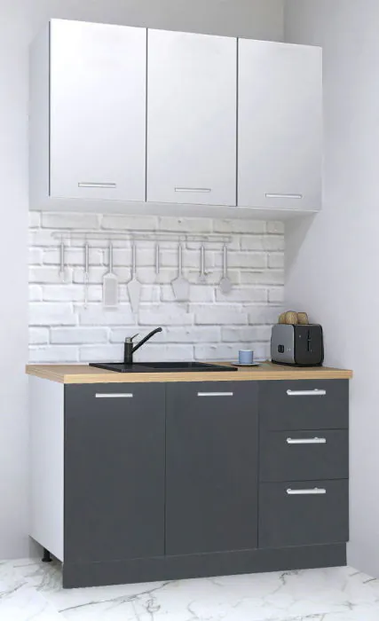 Set bucatarie GERMANIA 120 cm, 4 corpuri, 3 sertare, blat gros, antracit + alb