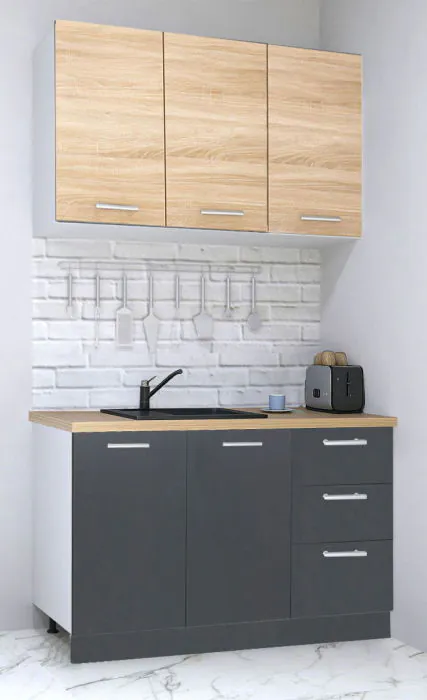 Set bucatarie GERMANIA 120 cm, 4 corpuri, 3 sertare, blat gros, antracit + sonoma