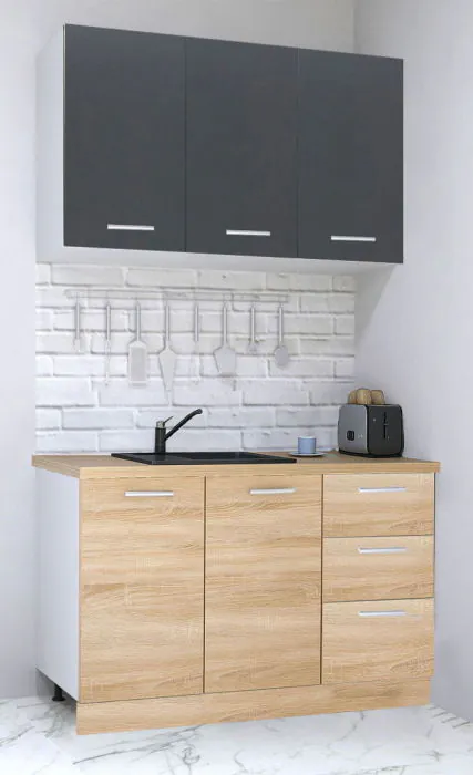 Set bucatarie GERMANIA 120 cm, 4 corpuri, 3 sertare, blat gros, sonoma + antracit