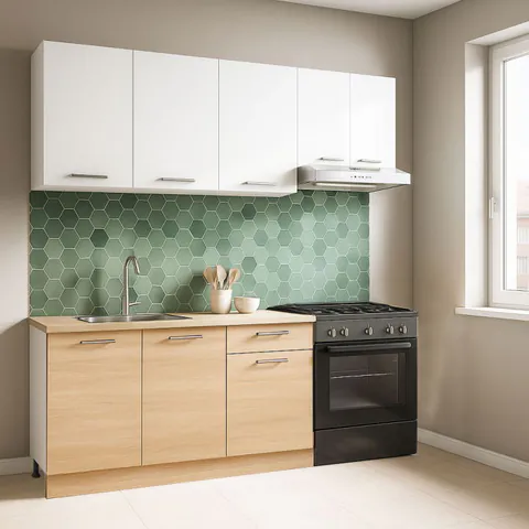 Set bucatarie GERMANIA 180 cm, 5 corpuri, 1 sertar, blat gros, sonoma + alb