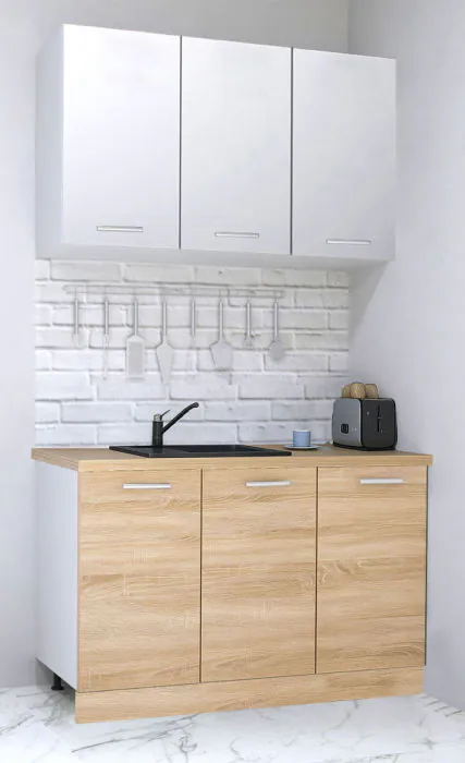 Set bucatarie GERMANIA 120 cm, 4 corpuri, blat gros, sonoma + alb