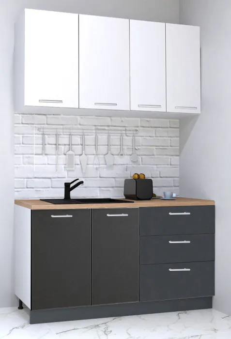 Set bucatarie GERMANIA 140 cm, 4 corpuri, 3 sertare, blat gros, antracit + alb