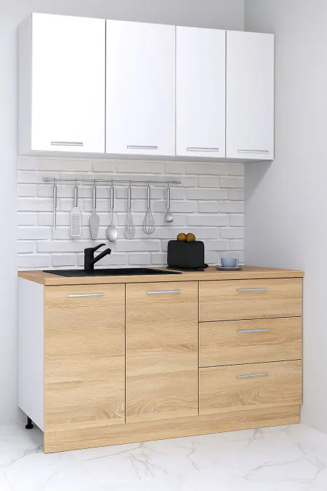 Set bucatarie GERMANIA 140 cm, 4 corpuri, 3 sertare, blat gros, sonoma + alb