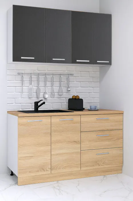 Set bucatarie GERMANIA 140 cm, 4 corpuri, 3 sertare, blat gros, sonoma + antracit