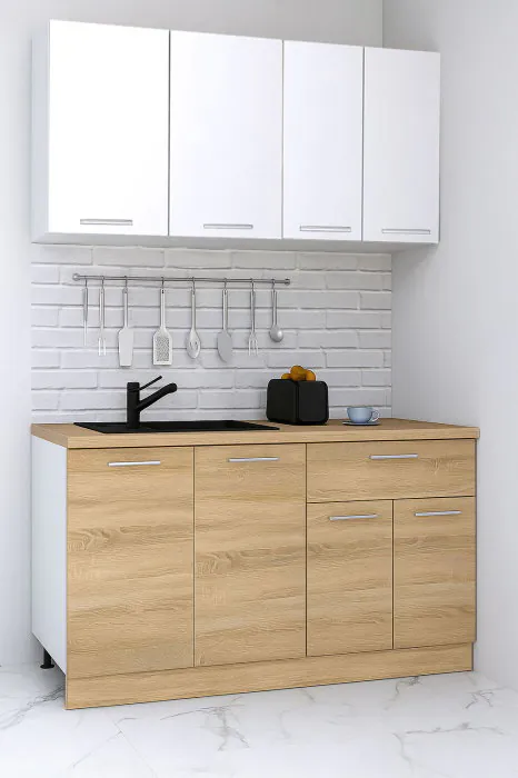 Set bucatarie GERMANIA 140 cm, 4 corpuri, 1 sertar, blat gros, sonoma + alb