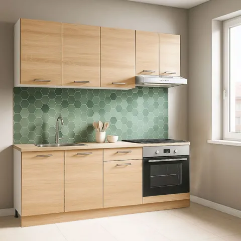 Set bucatarie GERMANIA 180 cm, 6 corpuri, corp cuptor, 1 sertar, blat gros, sonoma