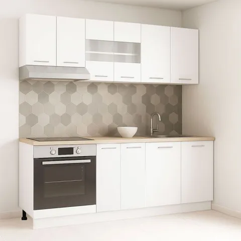 Set bucatarie GERMANIA 200 cm, 6 corpuri, corp cuptor, blat gros, alb