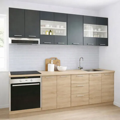 Set bucatarie GERMANIA 220 cm, 8 corpuri, corp cuptor, 3 sertare, blat gros, sonoma + antracit