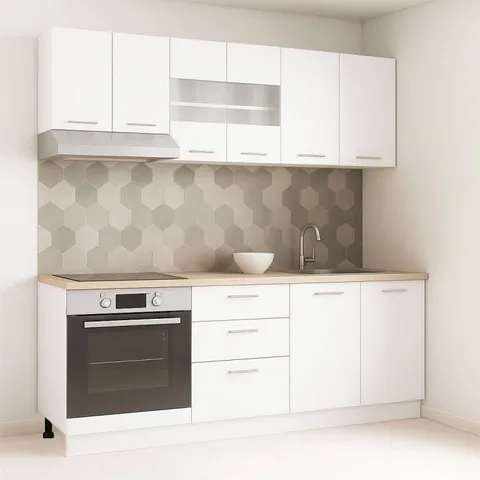 Set bucatarie GERMANIA 200 cm, 6 corpuri, corp cuptor, 3 sertare, blat gros, alb