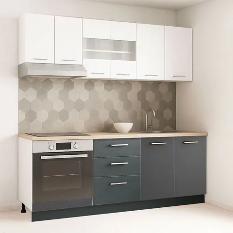 Set bucatarie GERMANIA 200 cm, 6 corpuri, corp cuptor, 3 sertare, blat gros, antracit + alb