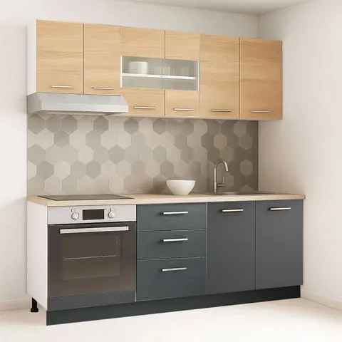 Set bucatarie GERMANIA 200 cm, 6 corpuri, corp cuptor, 3 sertare, blat gros, antracit + sonoma