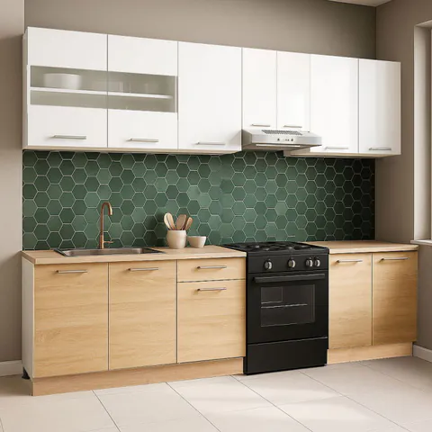 Set bucatarie GERMANIA 240 cm, 7 corpuri, blat gros, sonoma + alb