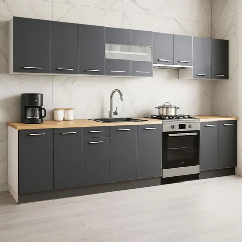 Set bucatarie GERMANIA 320 cm, 9 corpuri, blat gros, antracit