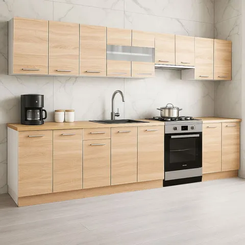 Set bucatarie GERMANIA 320 cm, 9 corpuri, blat gros, sonoma