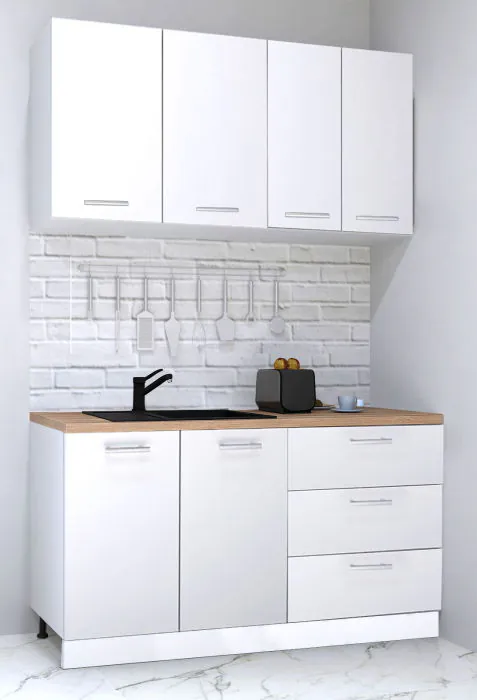 Set bucatarie GERMANIA 140 cm, 4 corpuri, 3 sertare, blat gros, alb