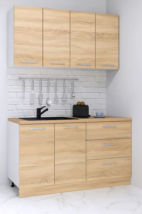 Set bucatarie GERMANIA 140 cm, 4 corpuri, 3 sertare, blat gros, sonoma