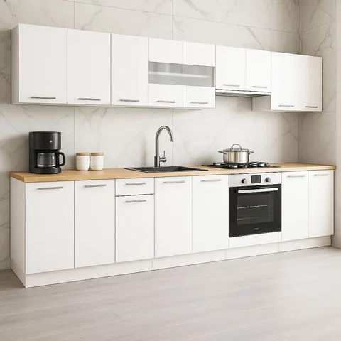 Set bucatarie GERMANIA 320 cm, 10 corpuri, corp cuptor, blat gros, alb