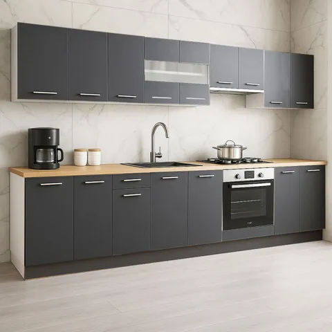 Set bucatarie GERMANIA 320 cm, 10 corpuri, corp cuptor, blat gros, antracit