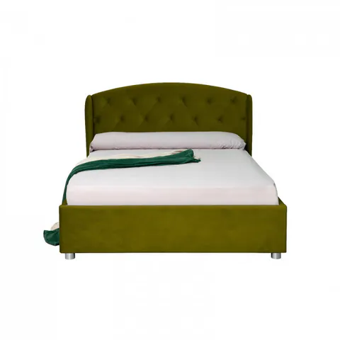 Pat tapitat ROUND, cu somiera rabatabila, spatiu depozitare, verde deschis, 140x200 cm