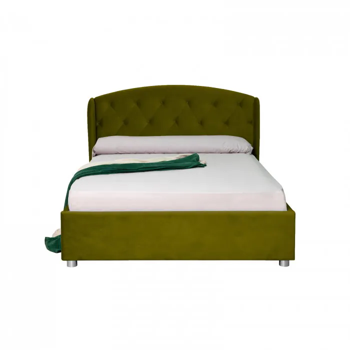 Pat tapitat ROUND, cu somiera rabatabila, spatiu depozitare, verde deschis, 140x200 cm