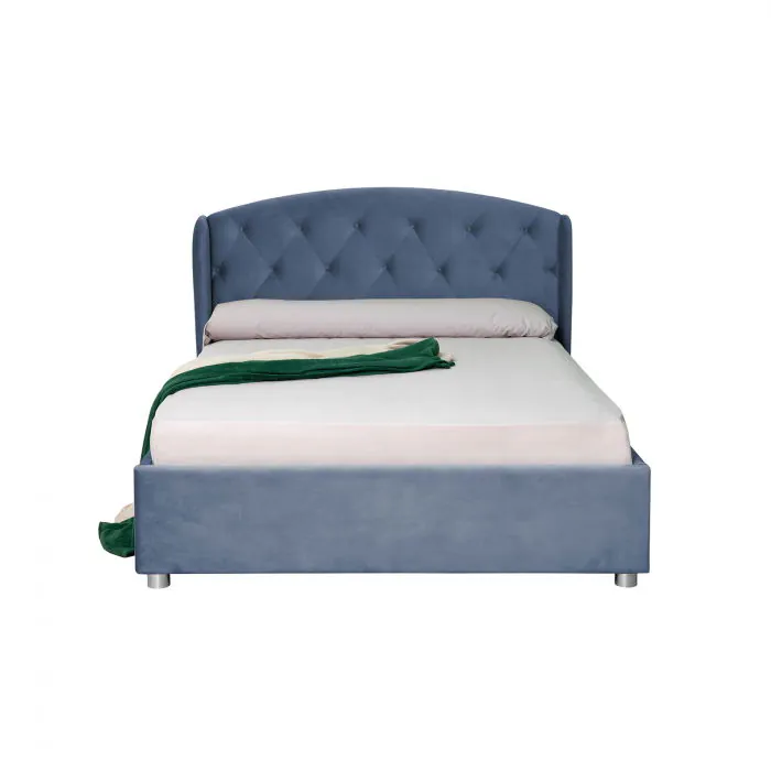 Pat tapitat ROUND, cu somiera rabatabila, spatiu depozitare, albastru, 140x200 cm