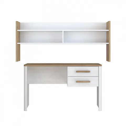 Set Birou RAMIRO, cu 2 sertare 125x60x74 cm + etajera birou RAMIRO, cu spatii depozitare, 140x26x60 cm, alb + stejar Artisan