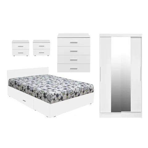Set dormitor ALMA, 5 piese, pat 160x200 cm, dulap usi glisante cu oglinda, comoda, 2 noptiere, alb