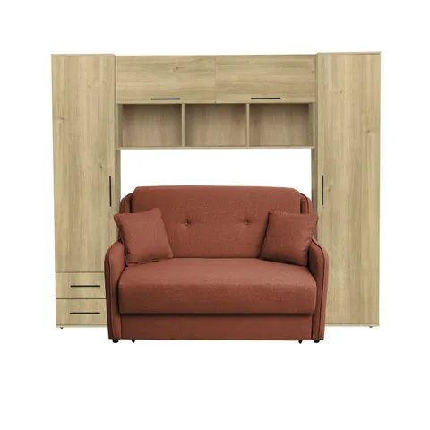 Set dormitor tineret YASMIN M1, 3 corpuri, stejar Belfast, 238x50x200 cm + Canapea GALA extensibila, 2 locuri, caramiziu, 143x98x98 cm