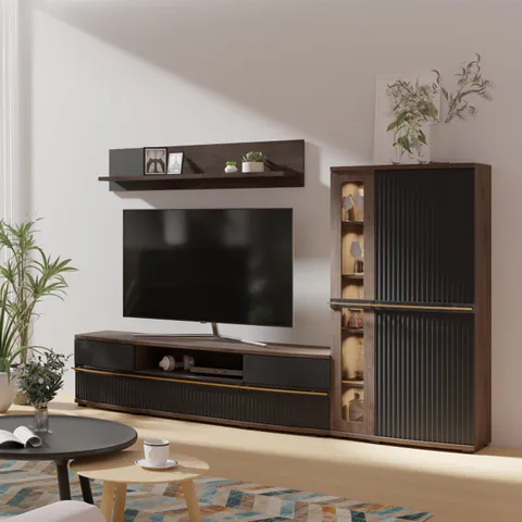 Set Living CANDY, 3 corpuri, cu lumini LED, vitrina C2a, comoda C4, etajera C6, grafit